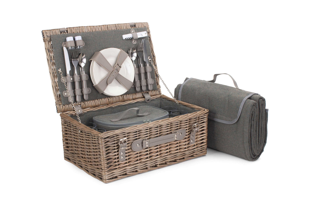 4 Person Grey Tweed Fitted Picnic Hamper