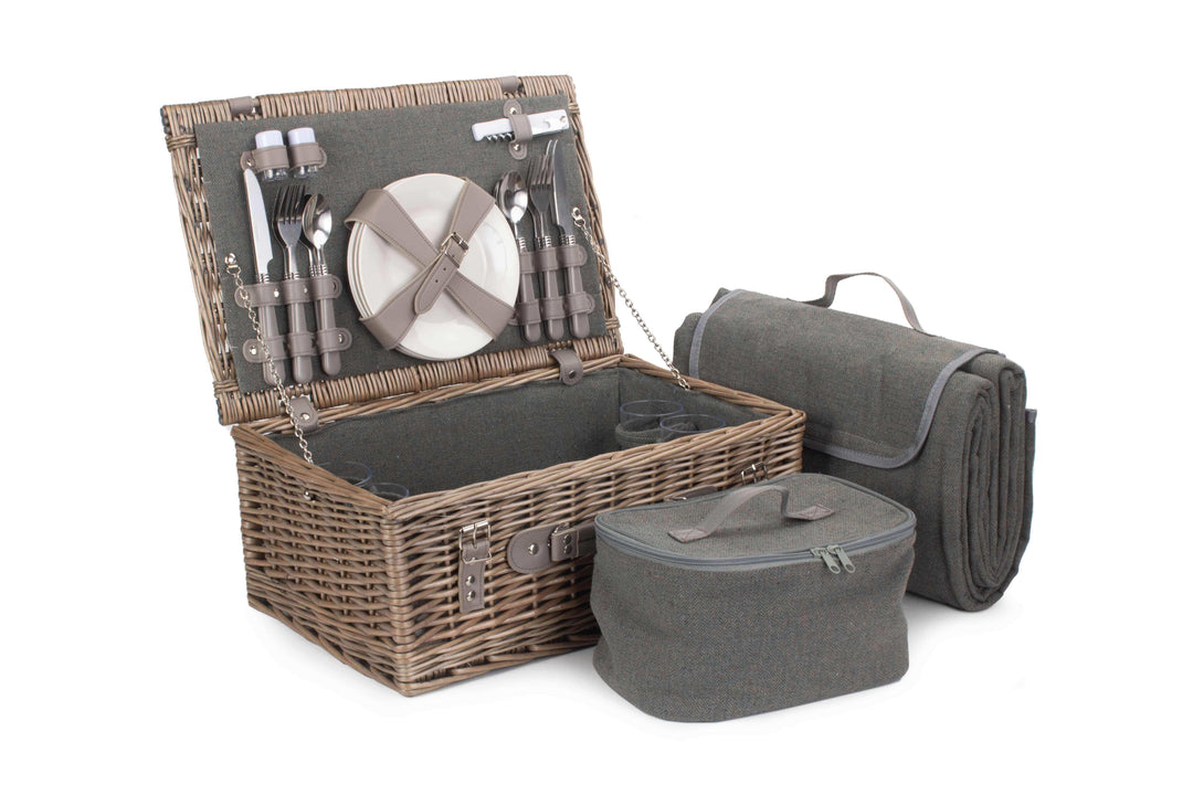 4 Person Grey Tweed Fitted Picnic Hamper