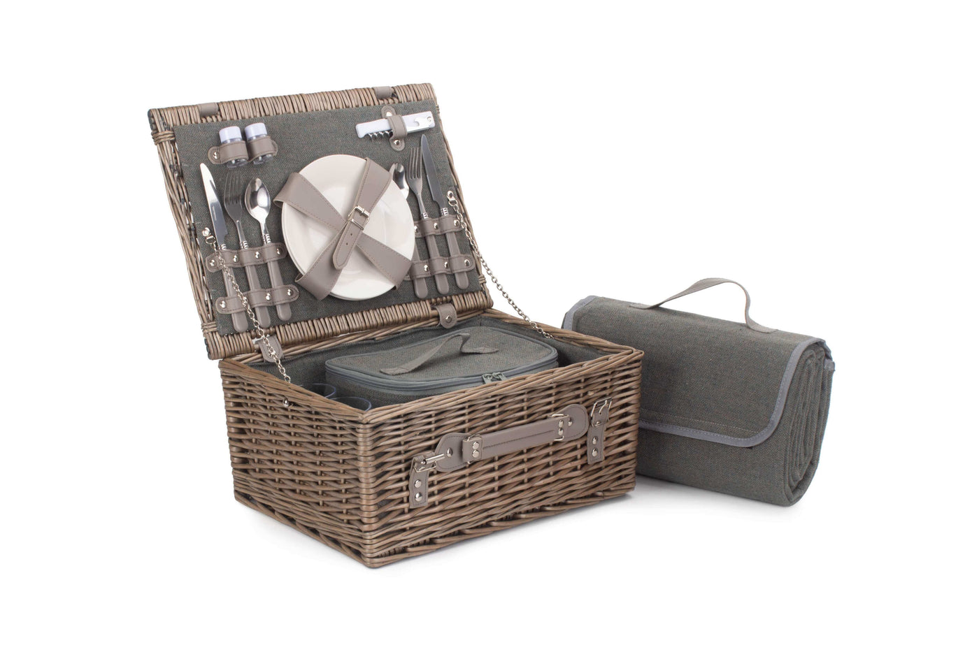 2 Person Grey Tweed Fitted Picnic Hamper