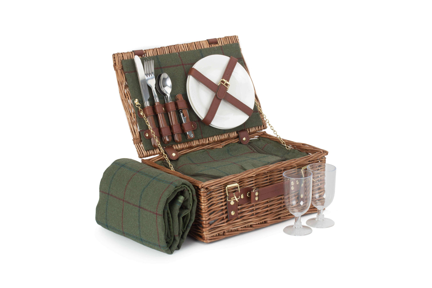 2 Person Green Tweed Fitted Picnic Hamper