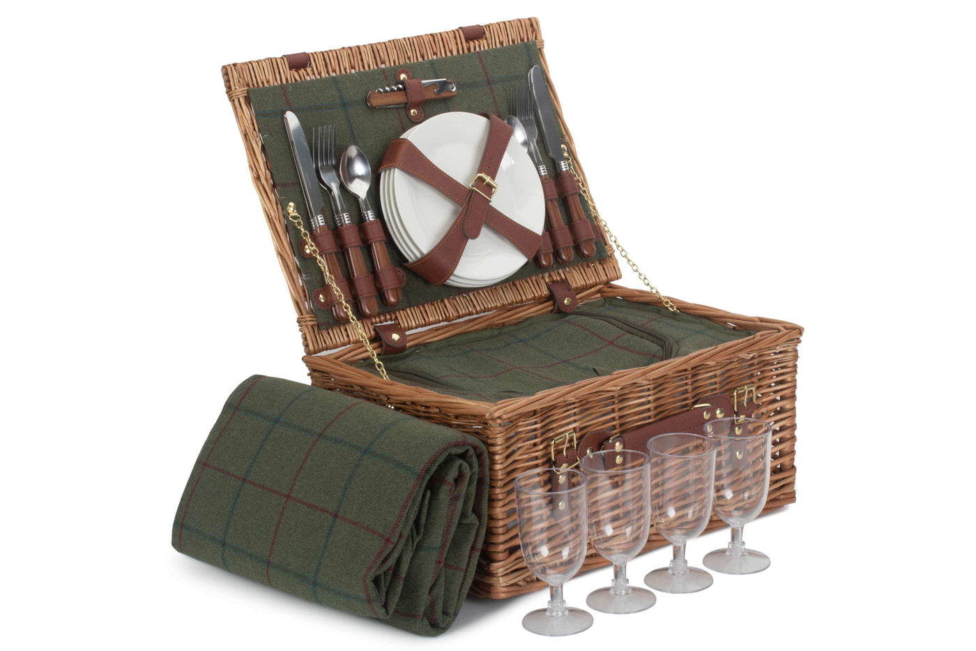 4 Person Green Tweed Fitted Picnic Hamper