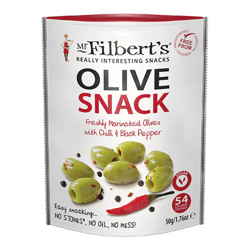 Mr Filberts Chilli & Black Pepper Green Olives 50g