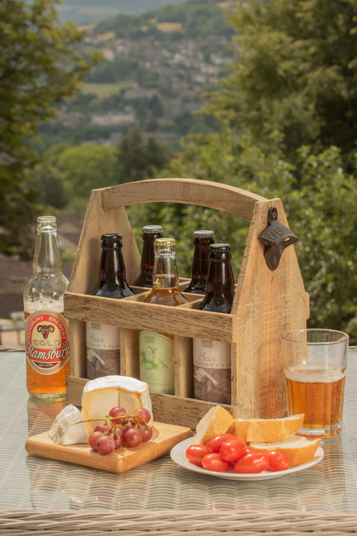 Oak Effect 6 Beer Bottle Carrier with Bottle Opener