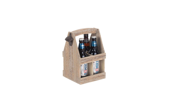 Oak Effect 4 Beer Bottle Carrier with Bottle Opener