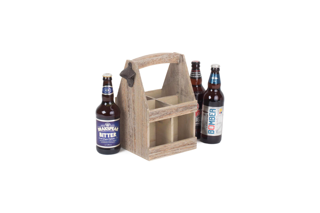 Oak Effect 4 Beer Bottle Carrier with Bottle Opener