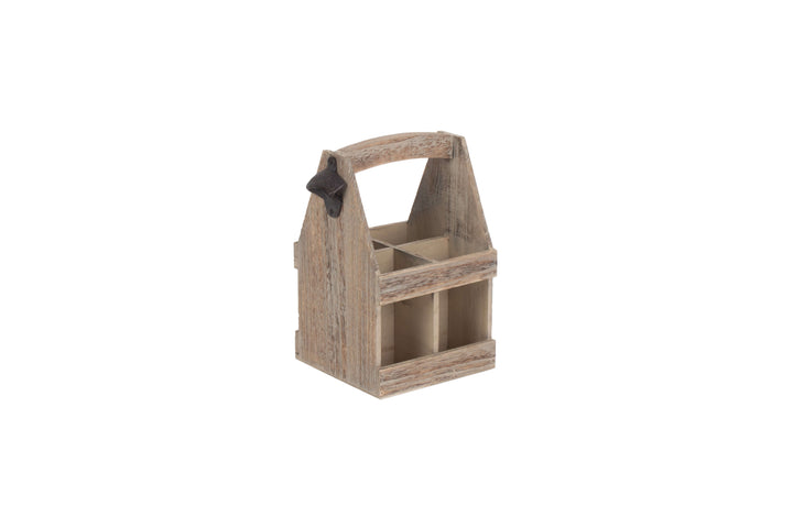 Oak Effect 4 Beer Bottle Carrier with Bottle Opener