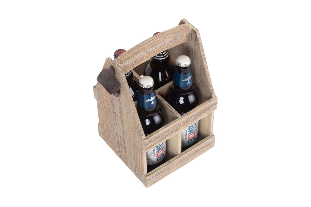 Oak Effect 4 Beer Bottle Carrier with Bottle Opener