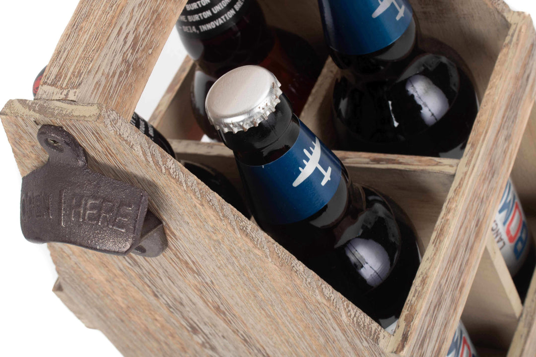 Oak Effect 4 Beer Bottle Carrier with Bottle Opener