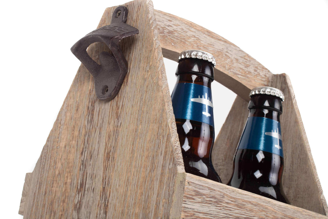 Oak Effect 4 Beer Bottle Carrier with Bottle Opener