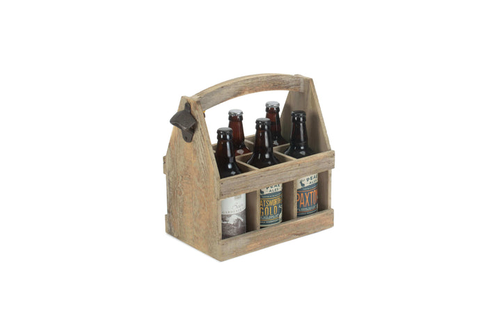 Oak Effect 6 Beer Bottle Carrier with Bottle Opener