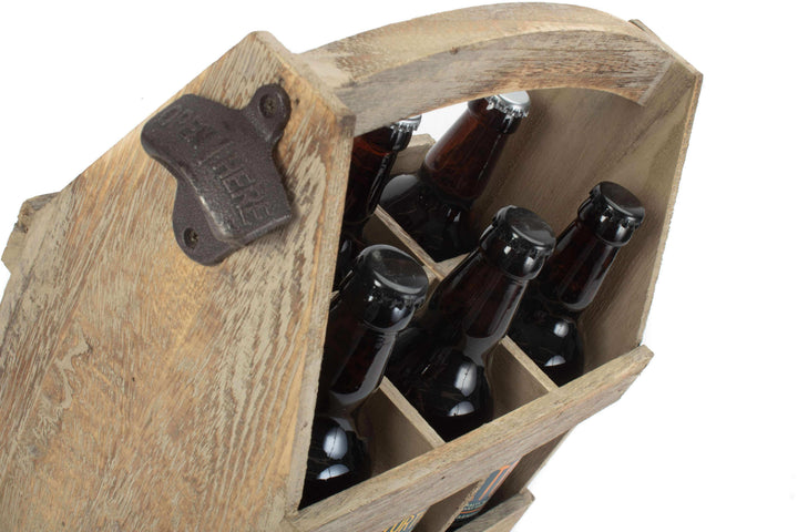 Oak Effect 6 Beer Bottle Carrier with Bottle Opener